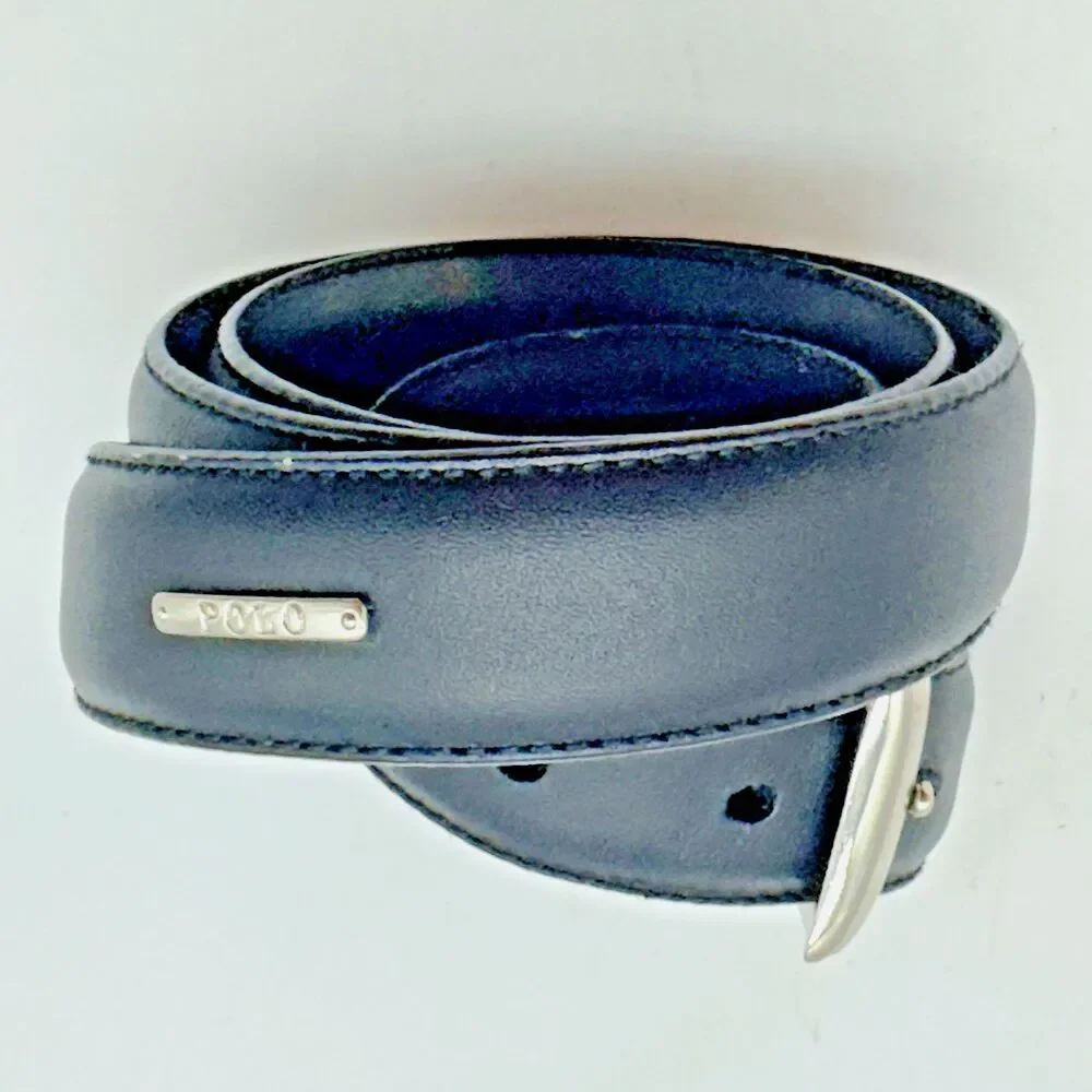 Polo Ralph Lauren Black Italian Leather Belt Men's 38 Silver Buckle & Logo FLAW